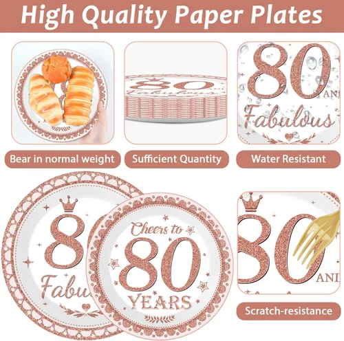 Miniatura 3 de Decoraciones de cumpleaños número 80 para mujeres, platos y servilletas de cumpleaños 80, suministros de fiesta de oro rosa, suministros de fiesta