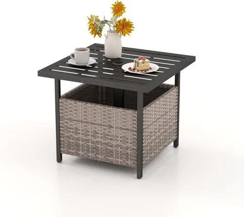 Miniatura 10 de LDAILY Mesa de patio con agujero para paraguas, 22 pulgadas de profundidad x 22 pulgadas de ancho, mesa de mimbre de ratán de polietileno, mesa