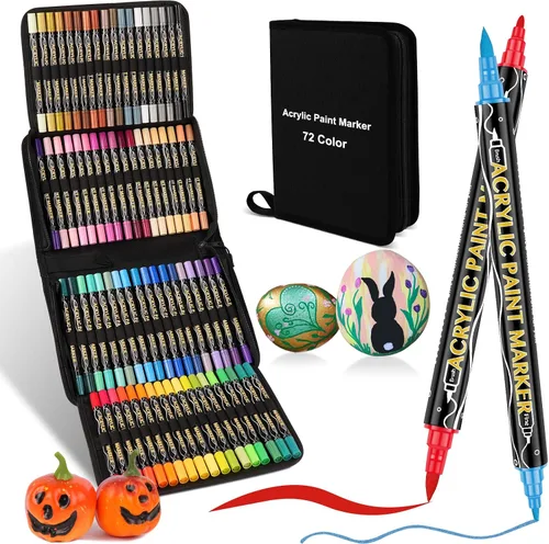 colpart Marcadores de pintura acrílica de 72 colores, bolígrafos de pintura acrílica de doble punta, incluye 12 marcadores metálicos de punta de