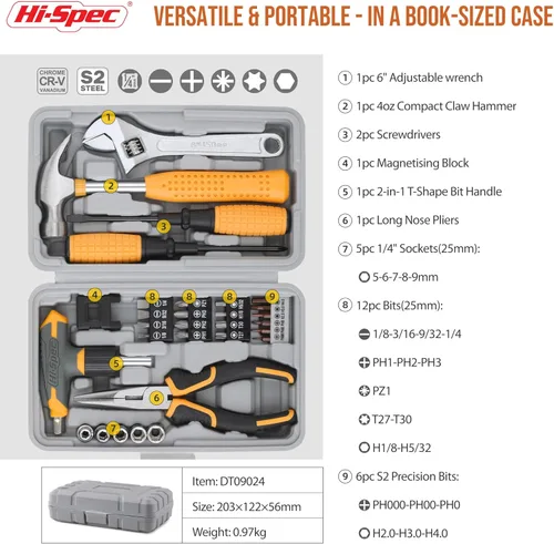 Miniatura 2 de Hi-Spec Juego de 30 llaves de trinquete magnéticas con mango en T y destornilladores. Juego de herramientas manuales pequeñas y compactas