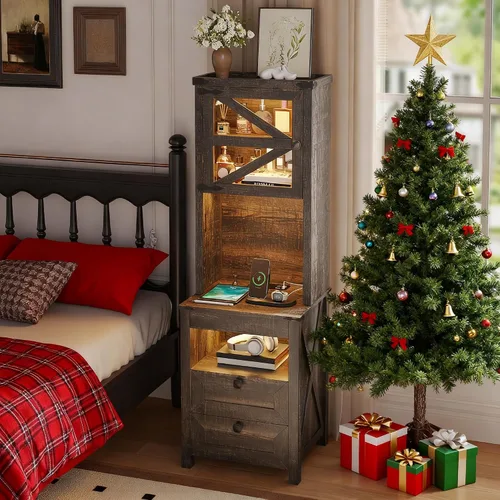 Miniatura 12 de HWB Mesita de noche alta con estación de carga y luces LED, mesita de noche de estilo granja con cajón para armas y estante ajustable, mesa de noche
