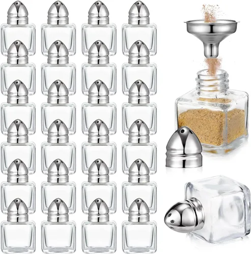 Miniatura 14 de Uiifan Juego de 12 piezas 0.5 oz de forma cúbica, pequeños saleros y pimenteros con tapas tonales, frascos de condimentos de vidrio transparente