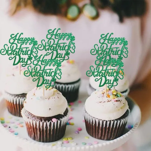 Miniatura 7 de 1 paquete de decoración para pastel de cumpleaños del día de San Patricio con purpurina verde de trébol de la suerte de cuatro hojas, trébol