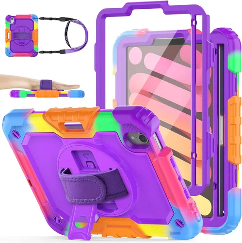 SEYMAC stock Funda para iPad Mini 7 (A17 Pro) 2024/Mini 6 de 8.3 pulgadas con protector de pantalla portalápices [correa de mano giratoria 360] y