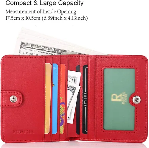 Miniatura 2 de Funtor Cartera de cuero para mujer, pequeña y compacta, con bolsillo doble, bloqueo RFID, para mujer