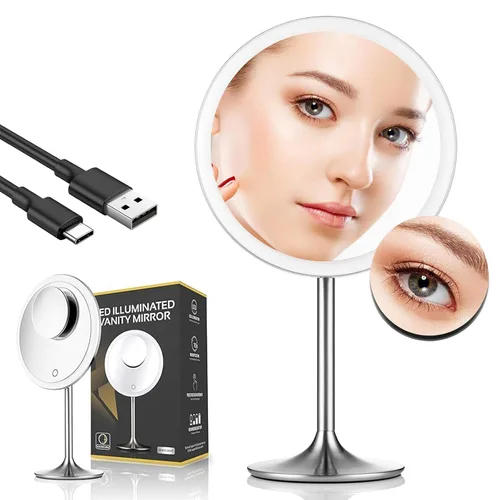Miniatura 8 de Espejo de maquillaje de 9 pulgadas con luces, aumento de 5X y 10X, diseño magnético delantero/trasero, recargable e inalámbrico, atenuación táctil