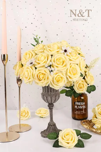 Miniatura 379 de N&T NIETING Flores artificiales, rosas artificiales de color rosa intenso, 50 piezas de flores falsas con tallo para ramos de boda DIY, centros