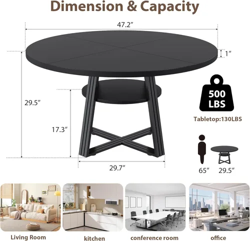 Miniatura 2 de GarveeHome Mesa de comedor redonda para 4-6, 47.2 pulgadas, mesa de cocina de granja con almacenamiento, mesas de comedor circulares para cocina