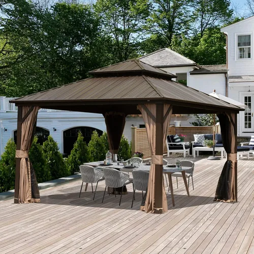 Miniatura 23 de Domi - Cenador permanente de metal con techo rígido de 8 x 8 pies, con doble techo de acero galvanizado, cortinas y malla para fiestas, bodas, Gris
