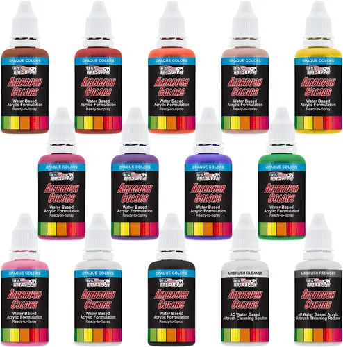 U.S. Art Supply Juego de pintura para aerógrafo, 12 colores listos para pulverizar, pintura acrílica primaria opaca a base de agua de 1 onza con