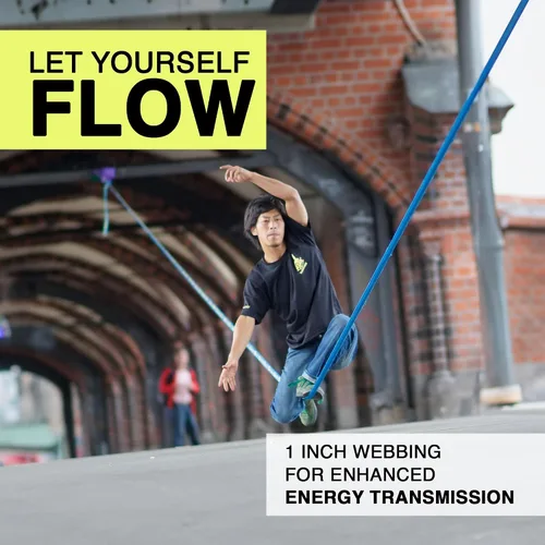 Miniatura 2 de GIBBON Slacklines Flowline con ropa de árbol, amarillo/azul, 82 pies (línea de 74 pies + correa de trinquete de 8 pies con lazo reforzado) línea