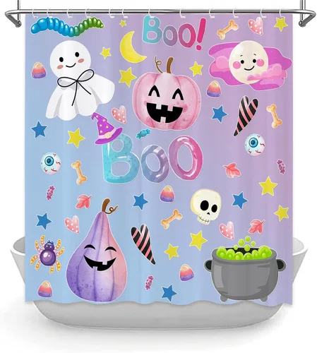 JOOCAR Bonito juego de cortina de ducha de fantasmas de Halloween, cortina de ducha espeluznante de calabaza con caramelo, cortina de baño