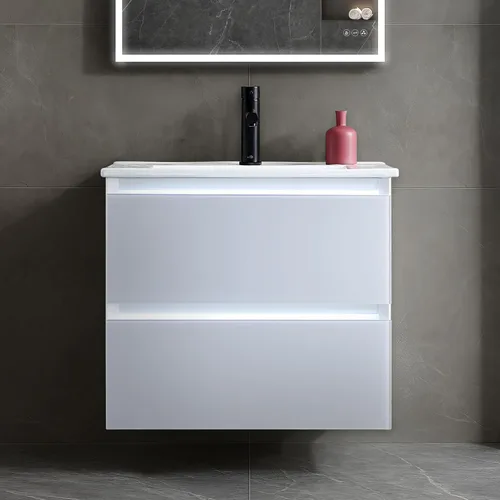 Miniatura 21 de Blossom Tocador de baño LED de 24 pulgadas – Tocador flotante montado en la pared con luces – 100% impermeable PVC de grado marino – Moderno