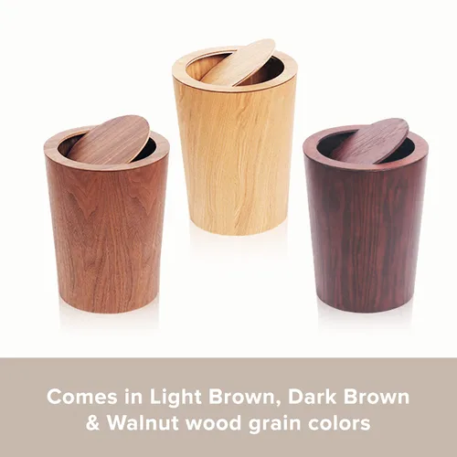 Miniatura 6 de Moderno bote de basura redondo con tapa, cesta de basura de grano de madera en nogal, 9.25 x 7.5 x 11.8 pulgadas, cubo de basura pequeño decorativo