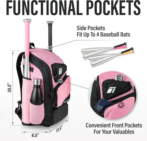 Miniatura 5 de Tonesport, Bolsa de Béisbol - Mochila para Béisbol, Sóftbol, T-Ball - Bolsa de Bate para Adultos y Jóvenes Rosa