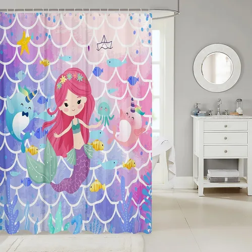 Miniatura 2 de Cortina de ducha de sirena, decoración de baño con escala de acuarela, habitación para niños y niñas, mujeres, caricaturas, delfín, pulpo