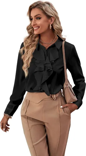 Miniatura 5 de LYANER - Blusa de manga larga con cuello de botón y volantes en la parte delantera para mujer