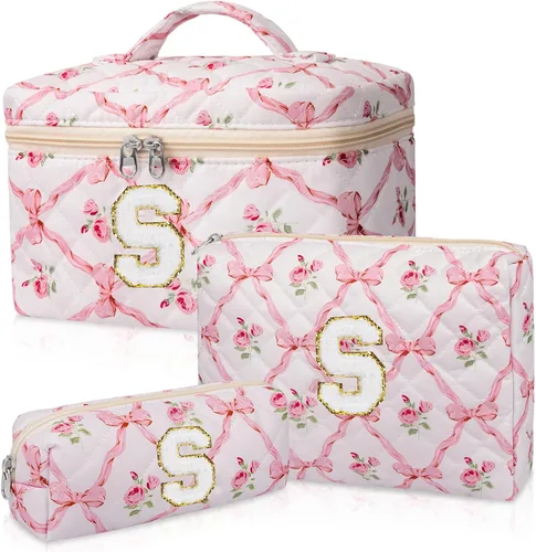 Miniatura 8 de Set de Bolso de Maquillaje Inicial Junesters, Bolso de Maquillaje Acolchado Personalizado, Bolso de Cosméticos Floral Grande para Mujeres, Bonitos