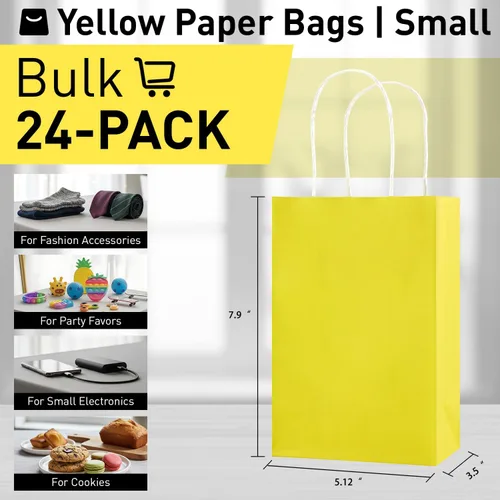 Miniatura 3 de SUNCOLOR Paquete de 24 bolsas de regalo amarillas con asas – Bolsas de 8" para regalos de fiesta, cumpleaños, Pascua y ocasiones especiales Amarillo