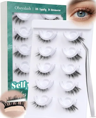 Obeyalash Mitad pestañas autoadhesivas de ojo de gato, pestañas postizas impermeables de 3/4 de esquina, 5 pares de pestañas postizas de aspecto