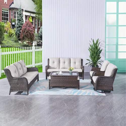 Miniatura 46 de HUMMUH Sillas Mecedoras Giratorias de Mimbre para Patio Exterior con Respaldo Alto, Sillas Deslizantes de Ratán PE, Juego de Muebles de Patio de 4