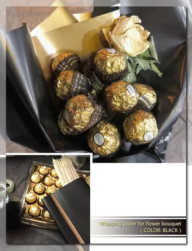 Miniatura 5 de Papel de regalo de flores negras, 20 piezas de papel de regalo de rosas, papel de regalo floral, impermeable, arreglos florales dorados y negros