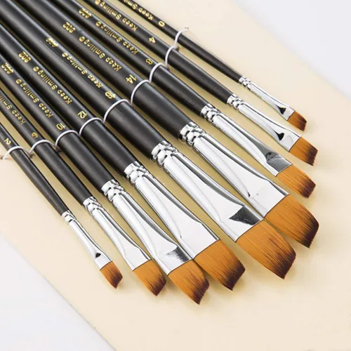 Miniatura 2 de Juego de 9 pinceles angulares de mango largo para artista, pelo sintético de calidad y mango de madera para pintura al óleo de acuarela acrílica