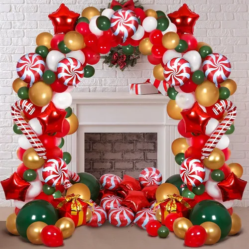 Miniatura 5 de RUODON Kit de arco de globos de Navidad, 233 piezas con dulces, bastón, látex, caja de regalo y globos de estrella para decoraciones de fiesta