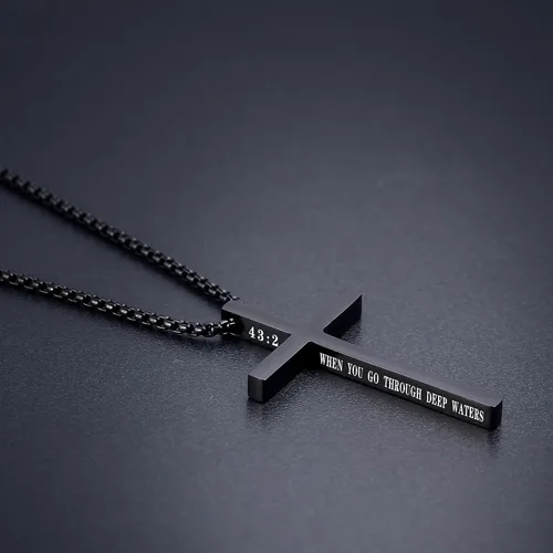 Miniatura 28 de Collar de cruz para hombre, regalo de Navidad, colgante de cruz, versículo bíblico, collares de acero inoxidable