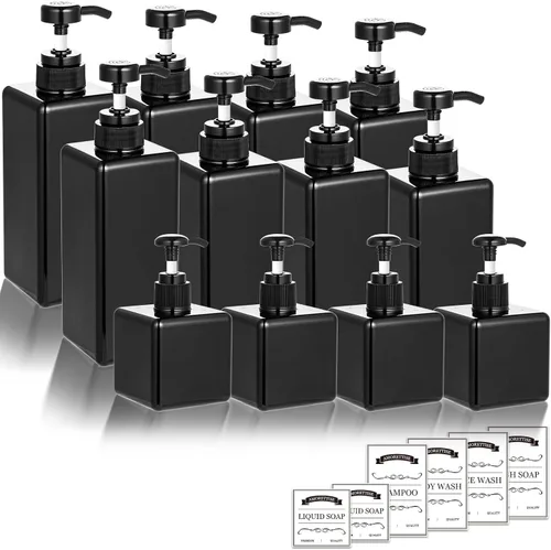 Paquete de 12 botellas dispensadoras de champú y acondicionador, paquete de 8 unidades de 22 onzas y 4 botellas cuadradas recargables de plástico de