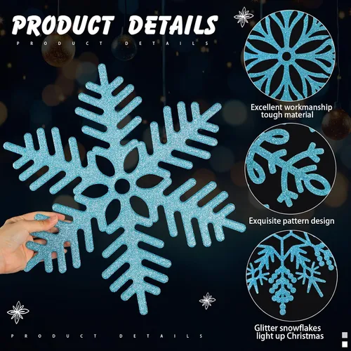 Miniatura 3 de Sratte 24 adornos de copo de nieve grandes de 16 pulgadas, copos de nieve colgantes decorativos con purpurina gigante, 6 diseños de adornos