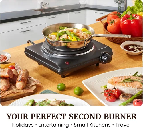 Miniatura 2 de Elite Gourmet ESB-301BF# Quemador de hierro fundido individual de encimera, placa caliente eléctrica de 1000 vatios, controles de temperatura, luces