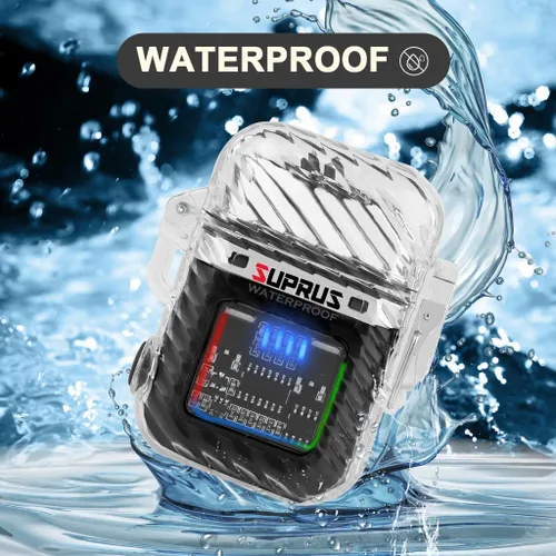 Miniatura 4 de SUPRUS Luminoso 3 modos de linterna resistente al viento, impermeable, encendedor eléctrico recargable de plasma de doble arco con silbato de Negro