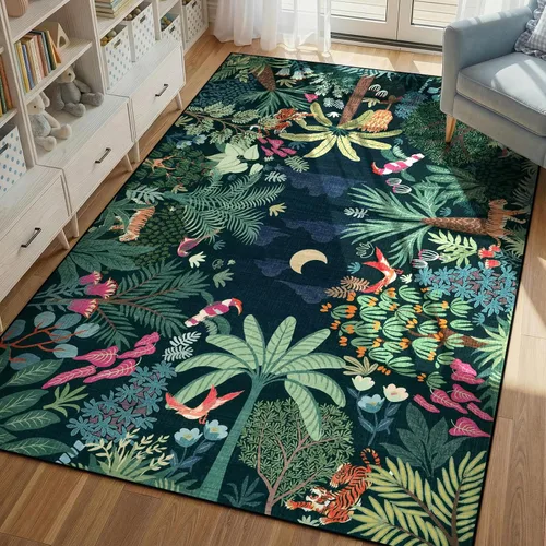 Miniatura 20 de LIVEBOX Alfombra lavable con estampado de animales de la jungla de 5 x 7 pies en azul para sala de estar, alfombras antideslizantes para dormitorio