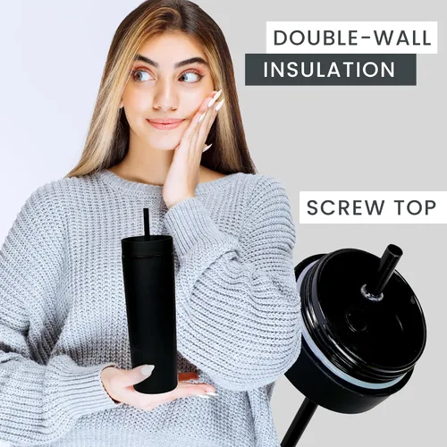 Miniatura 4 de SKINNY TUMBLERS - Paquete de 4 vasos de acrílico color pastel mate con tapa y popote, perfecto para el hogar, fiestas, viajes, vaso de plástico Negro