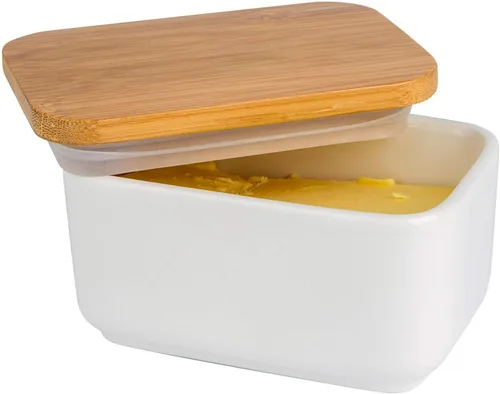 Miniatura 9 de Mantequillera con tapa, recipiente de porcelana con tapa de madera para mantequilla, apto para microondas, contenedor de almacenamiento