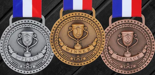 Miniatura 6 de Medallas de bronce dorado y plateado para premios de trofeo del 1er 2º y 3er lugar, acabado brillante o antiguo con cinta de satén roja, blanca
