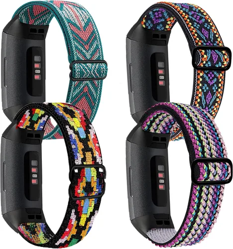 Paquete de 4 correas elásticas compatibles con Fit bit Charge 4 Bands/Charge 3 Band/Charge 3SE Smart Watch Pulseras para mujeres y hombres, correas
