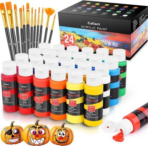 Miniatura 10 de Caliart Juego de pintura acrílica de 24 colores, botellas grandes de 4 onzas / 4.1 fl oz con 12 pinceles, kit de pintura artesanal para adultos