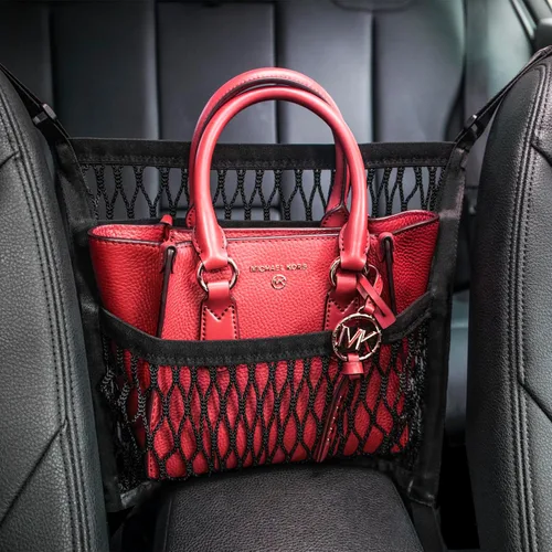 Accesorios para automóvil, organizador de almacenamiento entre asientos delanteros, soporte para bolso de mano con bolsa de bolsillo de red de malla