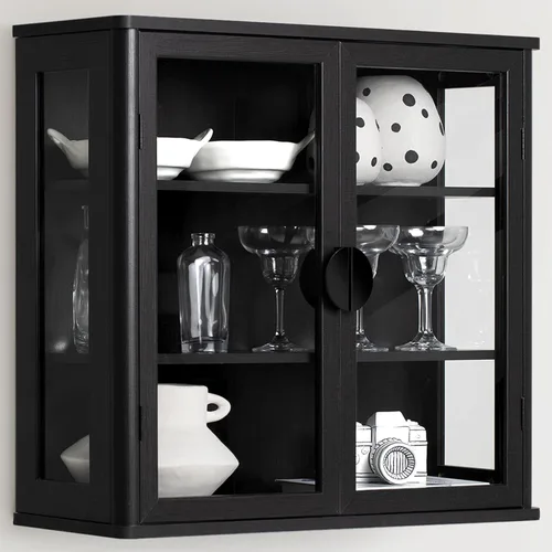 NEWOWNDS Gabinete de Almacenamiento de Pared con Vitrina de Vidrio Templado Negro, Gabinete de Pared para Baño, Gabinete Montado en la Pared con