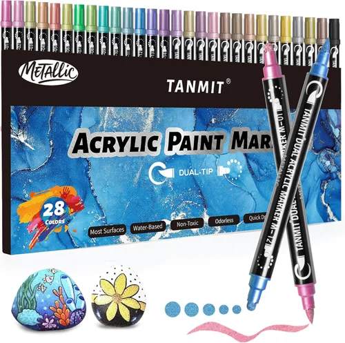 28 marcadores de pintura acrílica de colores metálicos, bolígrafos de pintura acrílica de doble punta para pintura de rocas, papel negro, madera,