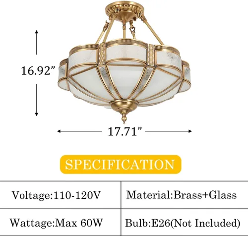 Miniatura 9 de Lámpara de techo de latón de 4 luces semiempotrada, candelabro dorado para comedor, lámpara de techo de vidrio esmerilado, luz empotrada moderna