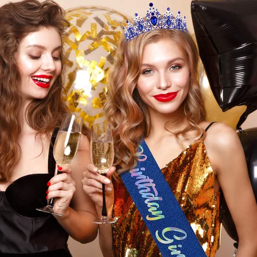 Miniatura 2 de SuPoo Kit de corona y banda de cumpleaños, tiara azul con diamantes de imitación y peine, banda con purpurina, diadema de cristal para mujeres