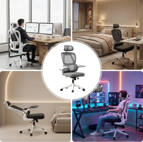 Miniatura 7 de Silla de oficina ergonómica, silla de escritorio de malla blanca y negra con soporte lumbar ajustable y reposacabezas, ruedas giratorias de 360°