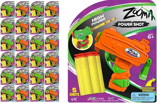 FunaTon Zooma Mini pistola de dardos de espuma de juguete (24 pistolas de juguete para niños) con 5 dardos de espuma de bala suave de recarga.