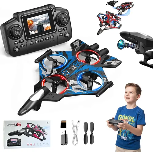 Avión RC Fighter Jet con cámara y pantalla para adultos y niños, avión de acrobacias de control remoto con giros de 360°, retención de altitud, Azul
