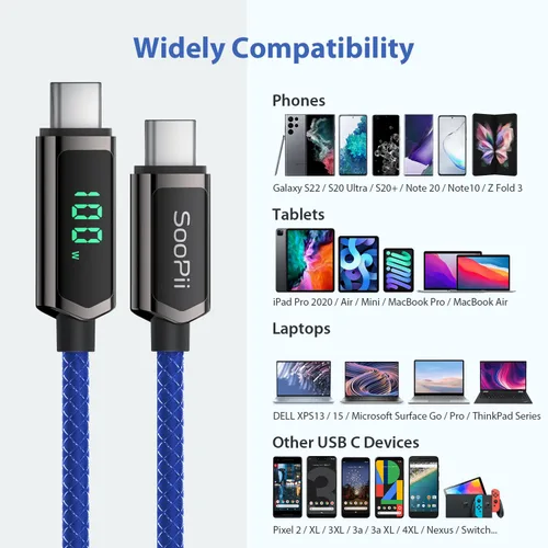 Miniatura 8 de SOOPII Cable USB C a USB C de 100 W, cable trenzado tipo C de nailon de 1 pie con pantalla LED para iPhone 15/15 Pro/15 Plus/15 Pro Max, MacBook