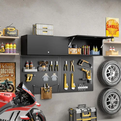 Miniatura 2 de Armario de almacenamiento de metal para garaje con puerta abatible, pequeños armarios de garaje montados en la pared con cerradura, gabinete de Negro
