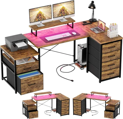 Miniatura 9 de Unikito Escritorio reversible en forma de L para computadora con cajones de tela, escritorio esquinero de oficina grande de 70.8 pulgadas con luces